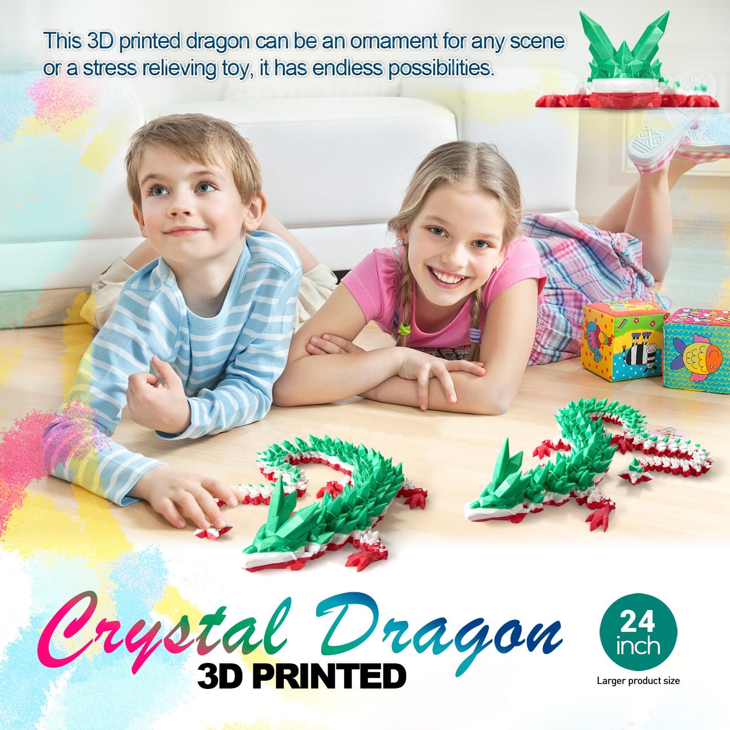 24 Large 3D Printed Dragon Flexible Articulated Crystal Dragon Fidget Toy Cool Big Dragons Toy Huge 3D Printed Dragons Gift for Girls Boys Kids age 3-5 4-7 8-12 Years Old Christmas & Birthday