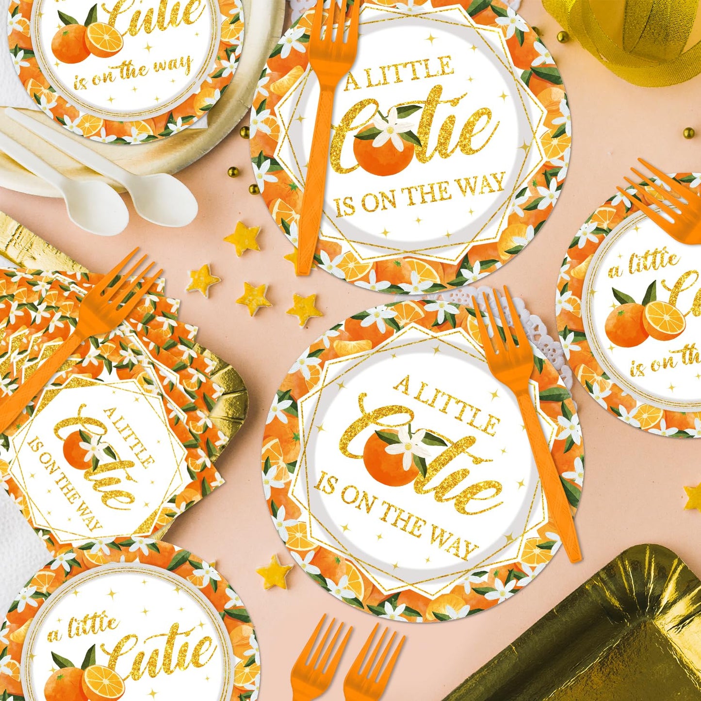 Little Cutie Baby Shower Decorations - 96PCS A Little Cutie Is on the Way Plates and Napkins Party Supplies Orange Tangerine Cit