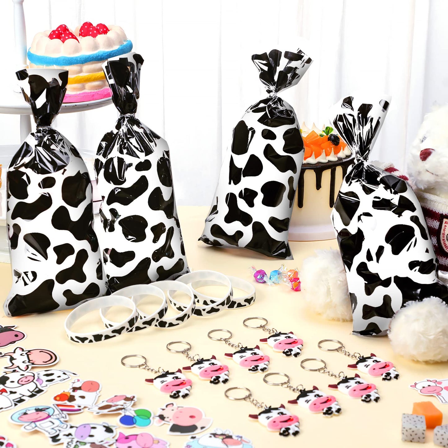 Chunful 148 Pcs Cow Party Favors Include cow Print Gift Bag Cute Keychain Elastic Silicone Bracelets Animal Stickers for Kids Gi