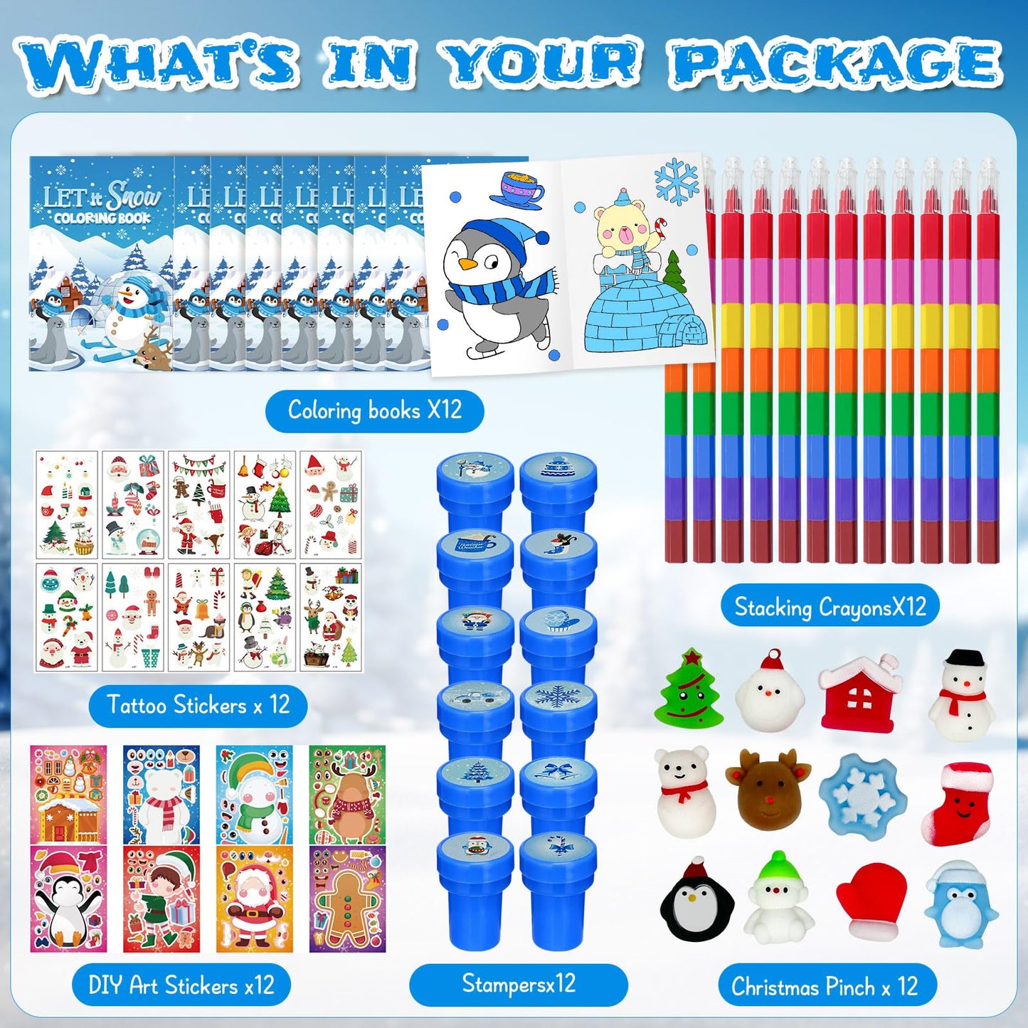 Cinrobiye 72 Pieces Winter Frozen Party Favors Winter Arctic Animals Coloring Books Tattoo DIY Sticker Stampers Class Reward Pri