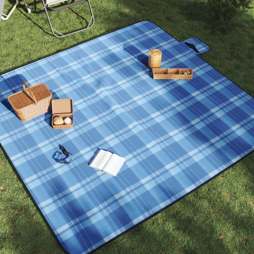 vidaXL Picnic Blanket Foldable Blue Plaid 78.7x78.7 Velvet