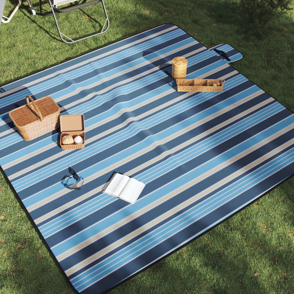 vidaXL Picnic Blanket Foldable Blue and White Stripe 78.7x78.7 Velvet