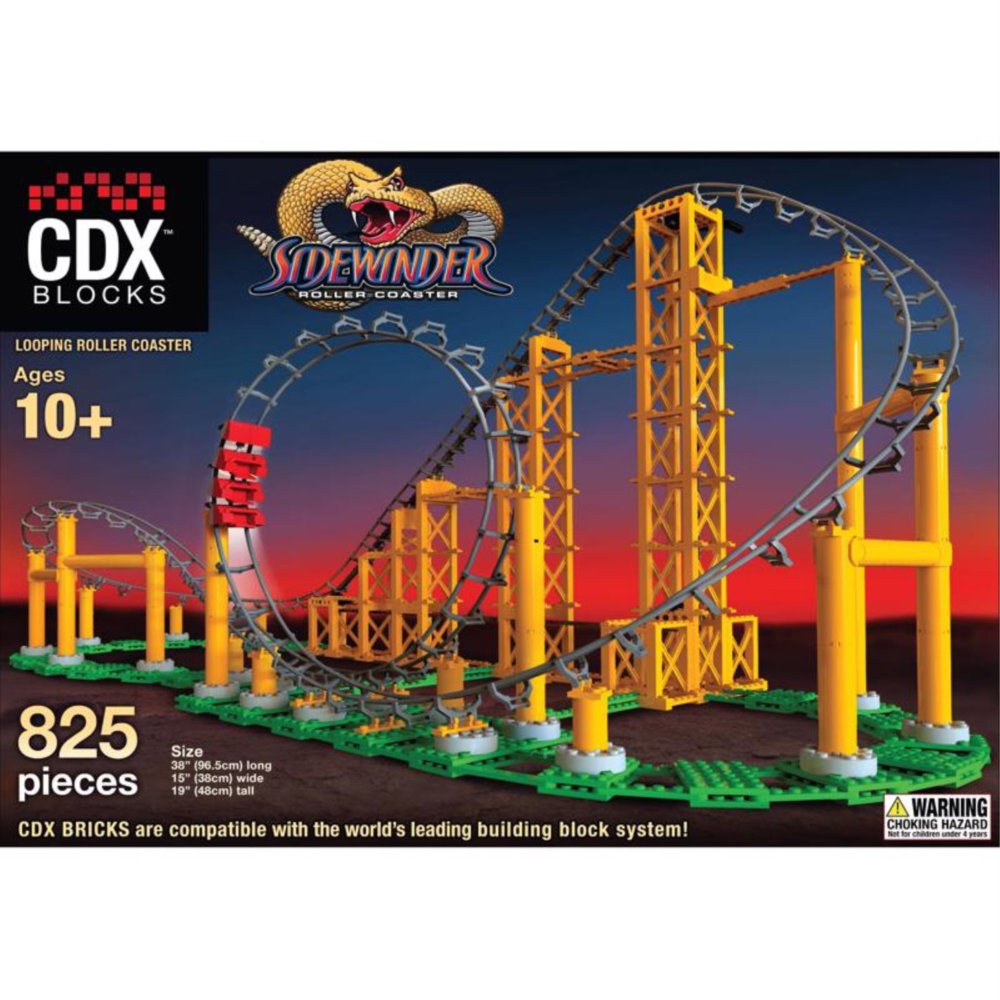 CDX Blocks Sidewinder Building Brick Set - 825 Pieces, Gravity Powered Looping Coaster Model, Plastic Material
