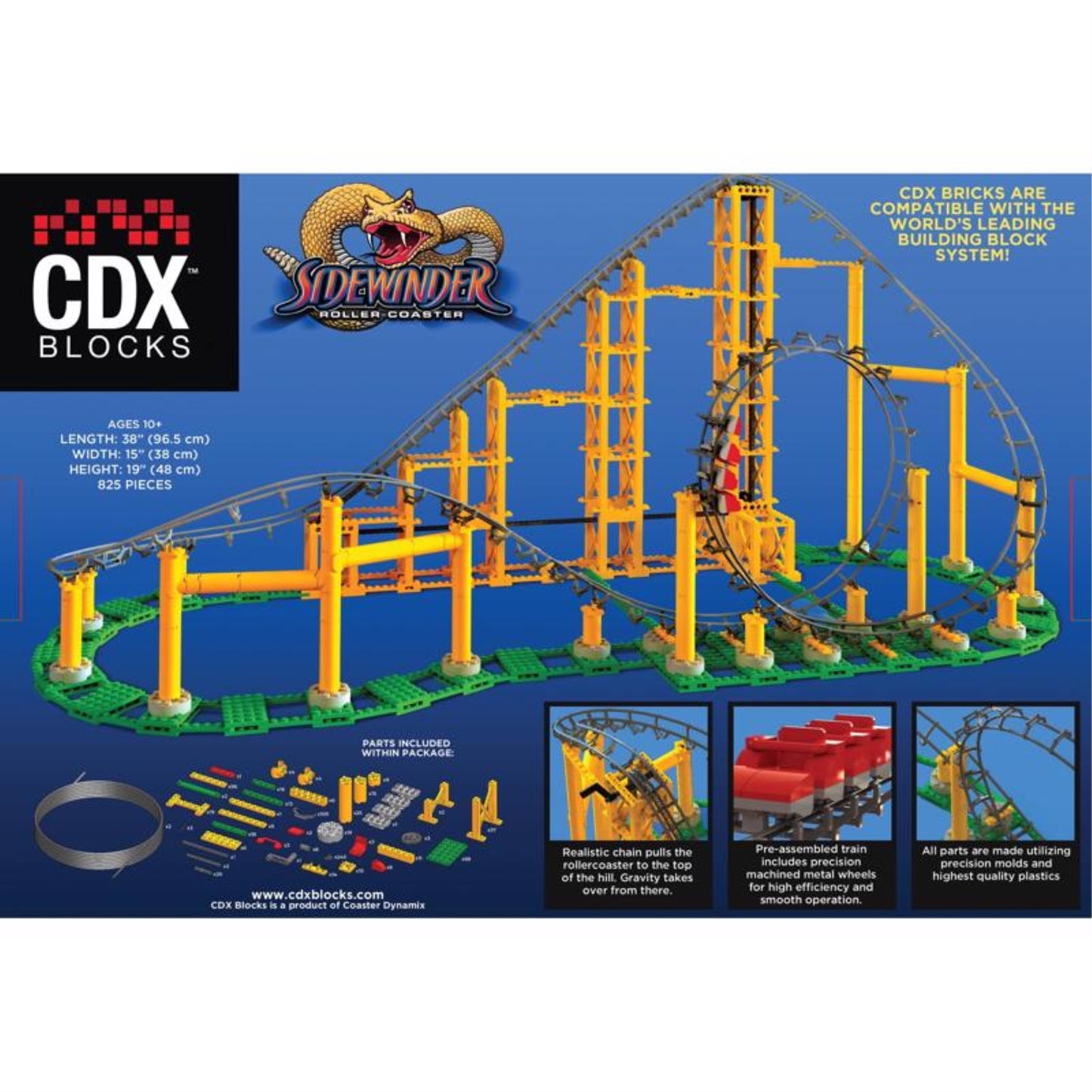 CDX Blocks Sidewinder Building Brick Set - 825 Pieces, Gravity Powered Looping Coaster Model, Plastic Material