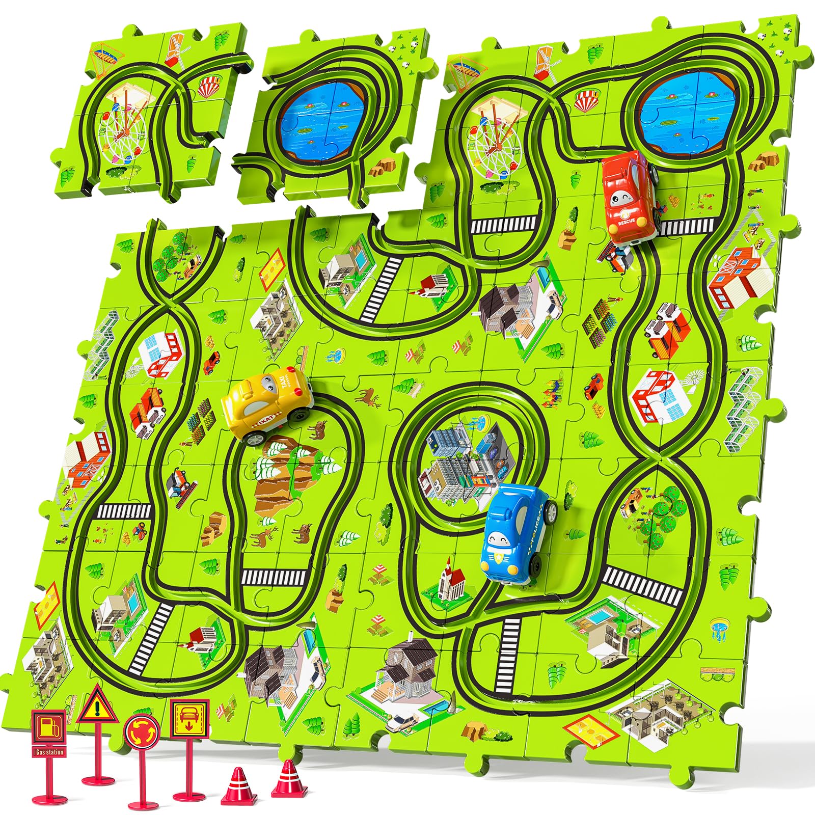 Temi 64 Pieces Puzzle Race Tracks Car Set Toys For Kids Ages 3-5 - Toddler Toys Gifts For 3 4 5 Year Old Boys, Puzzle Tracks Car Toys For Boys Ages 3-5 4-6, 3 4 5 6 Year Old Boys Birthday Gifts