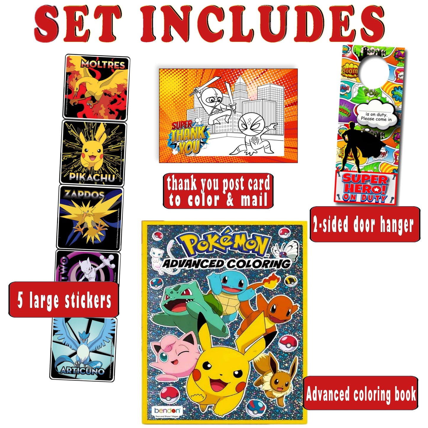 Pokemon Advanced Coloring And Stickers Activity Set- Bundle Includes Pokeman Advanced Coloring Book, Sticker Book, Pokeman Reward Stickers, 2-Sided Door Hanger