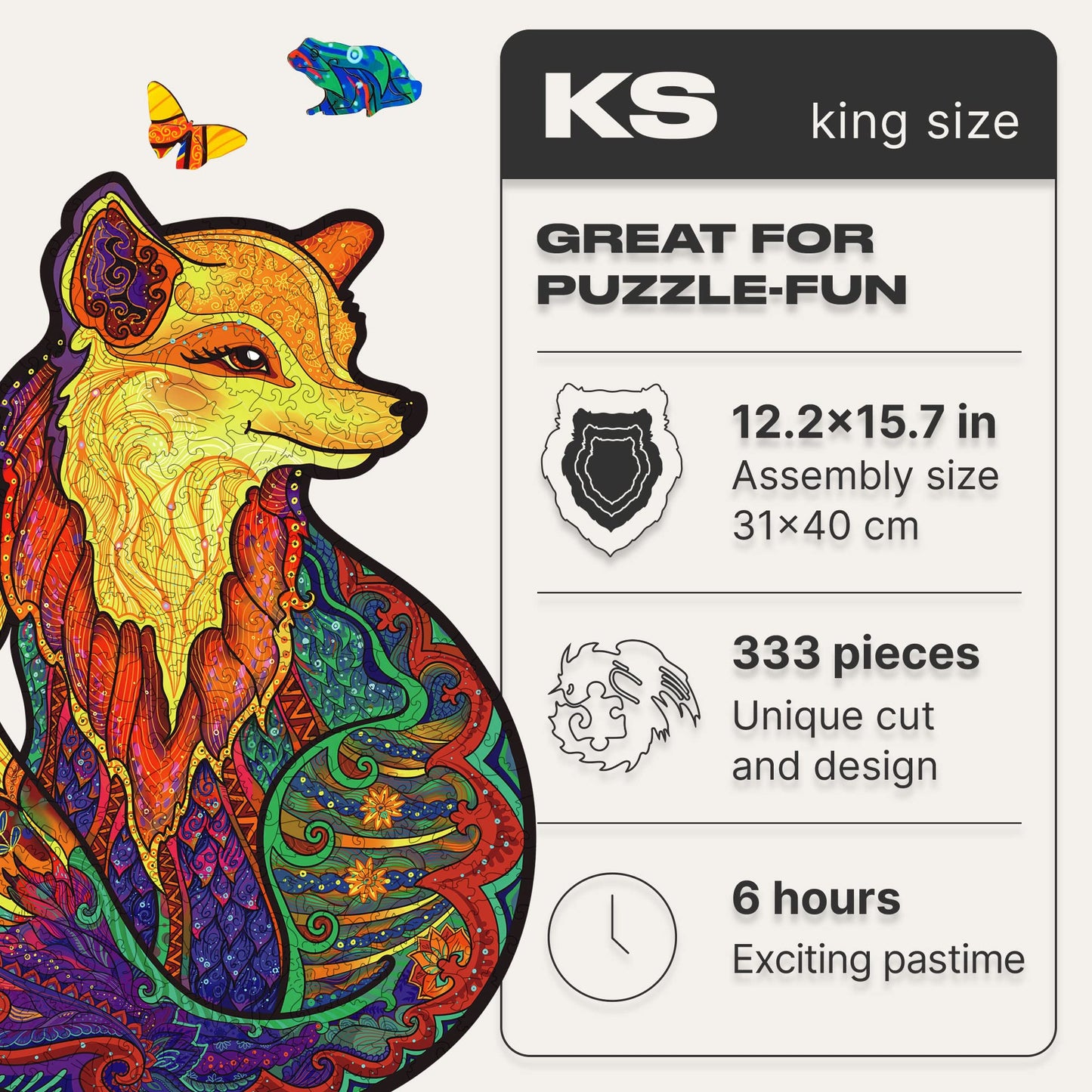 Unidragon Original Wooden Jigsaw Puzzles - Alluring Fox, 333 Pieces, King Size 12.2'' ?15.7, Beautiful Gift Package, Unique Shap