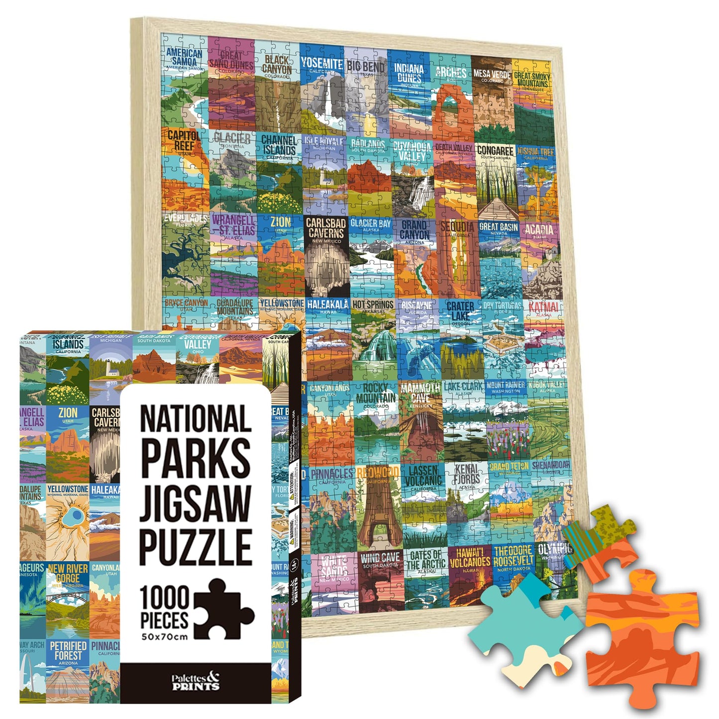 National Parks Puzzle for Adults 1000 Pieces, Hand-Drawn Illustrations of National Parks, Zion, Yellowstone, Yosemite, Beautiful