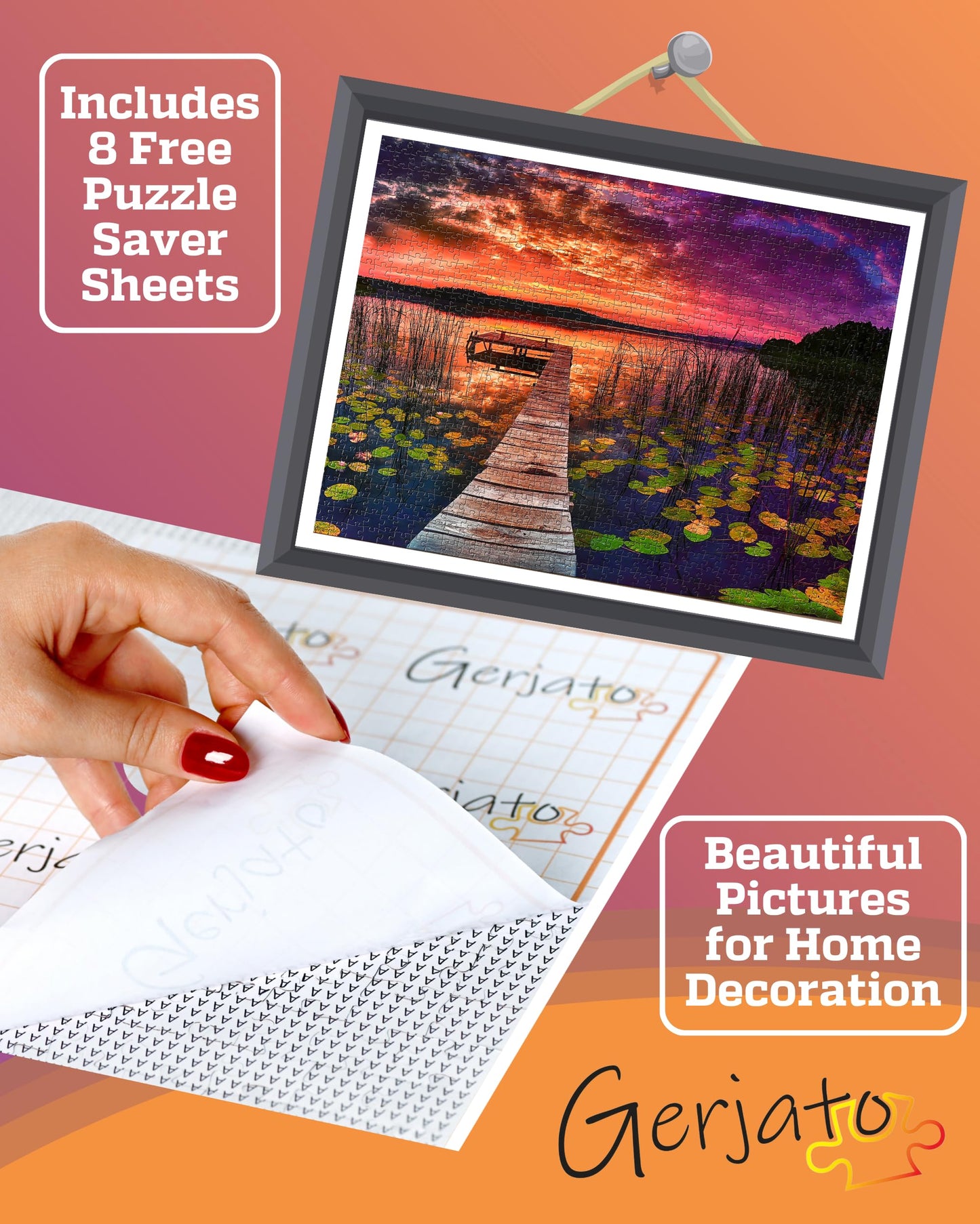Puzzles for mature-themeds 1000 Pieces - Ideal Gift for Loved Ones  Gift-Ready Box  Letters on Back  8 Jigsaw Puzzle Saver Sheets & Full-Size Poster - Scenic Landscape Sunset with Dock & Lilies by GERJATO