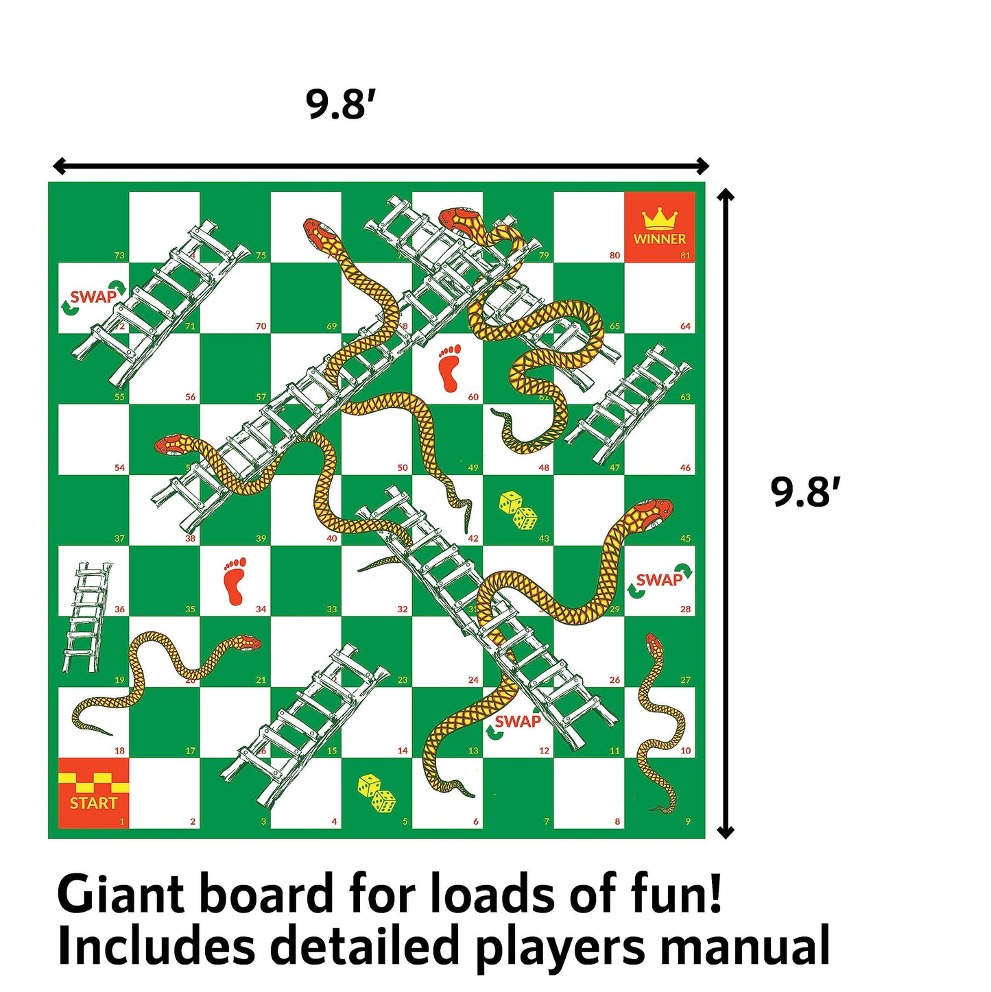 Upper Midland Products Giant Snakes & Ladders Game 9.8 X Foot Life Size Playing Mat With 8 Ground Pegs A Large Inflatable 15'' D