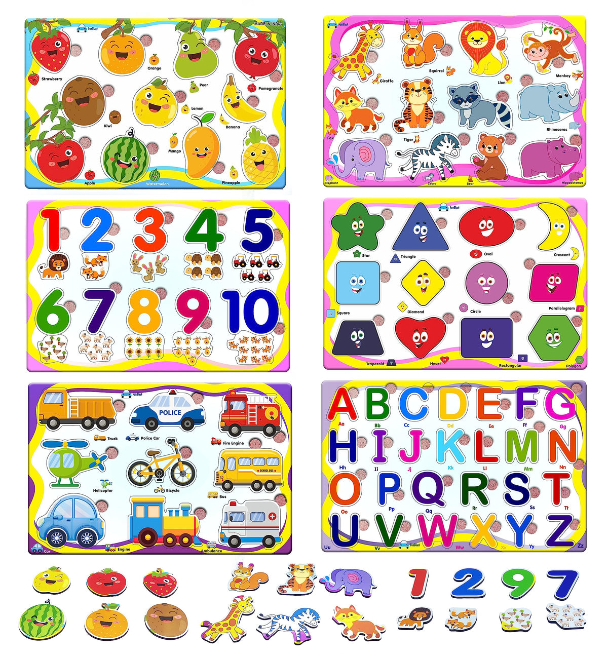 Funblast Set Of 6 Puzzles Wooden Puzzle For Kids, Wooden Colorful Learning Educational Board For Kids Includes Abc, 123, Fruits,