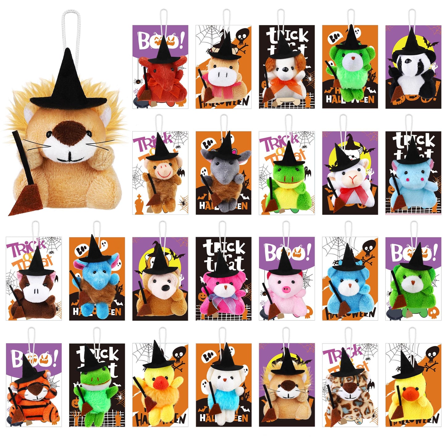 Fovths 24 Pieces Halloween Mini Stuffed Animals Plush Toy With Witch Hat Broom Cards Keychain For Kids Boys Girls Halloween Stuf