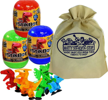 Hog Wild StikBot Dinosaur Mystery Egg Figures Gift Set - 3 Pack Assorted Colors with Storage Bag, Medium, Plastic