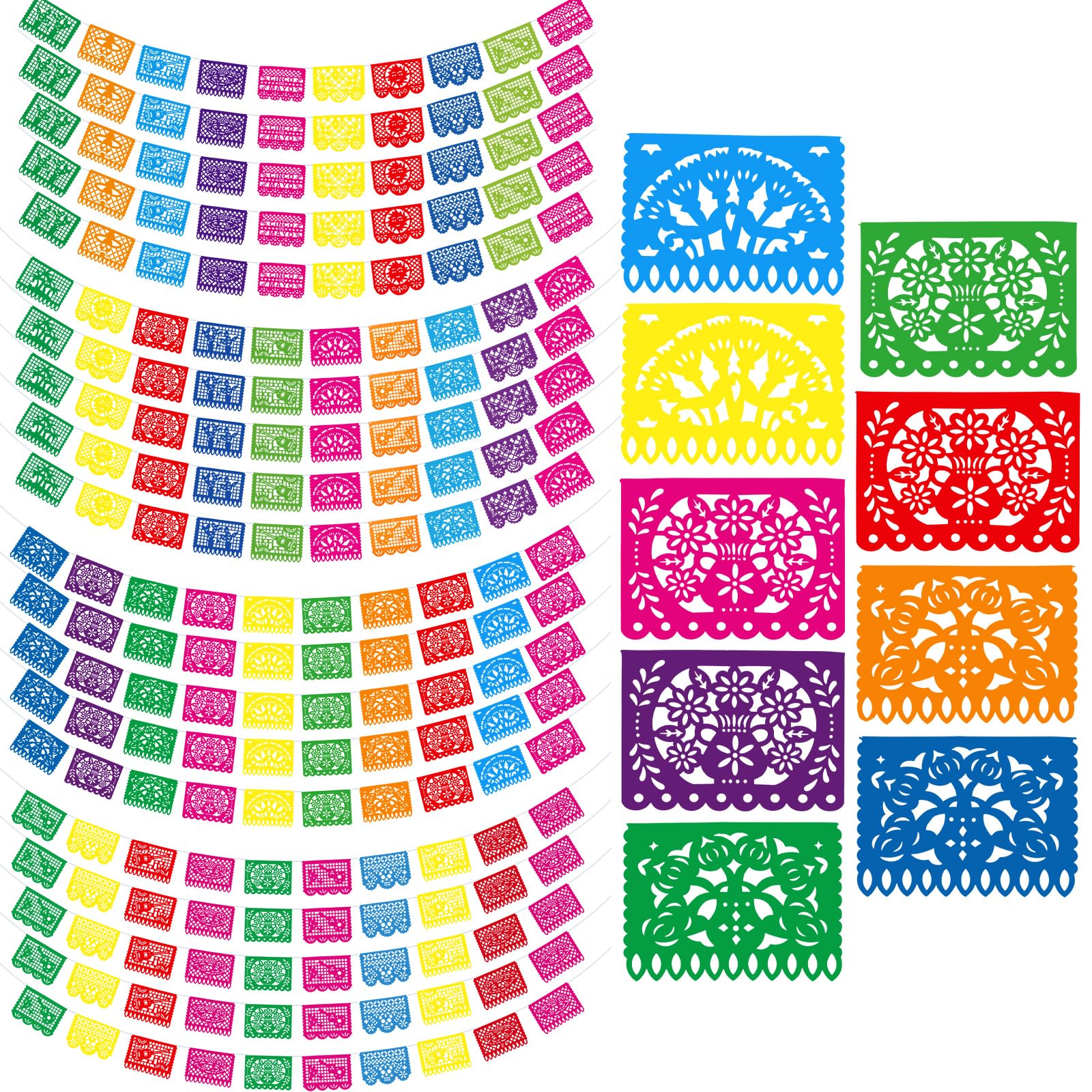 Boao 20 Packs 300 ft Mexican Party Decorations Fiesta Banner Plastic Papel Picado Banner Garland Cinco De Mayo Decor Dia De Los 