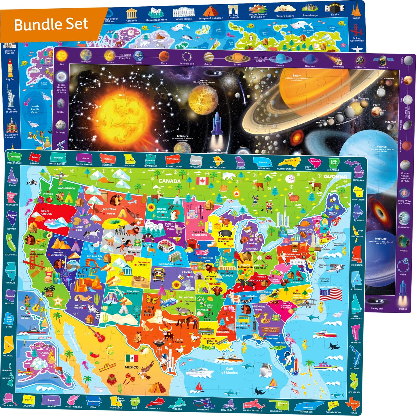 Quokka 100 Piece Puzzles For Kids Ages 4-6 – 3 Pack Floor Puzzles For Kids 8-10 Year Old – Learning Games World Map & Space 5-7 – United States Educational Puzzles For Toddlers 3-5
