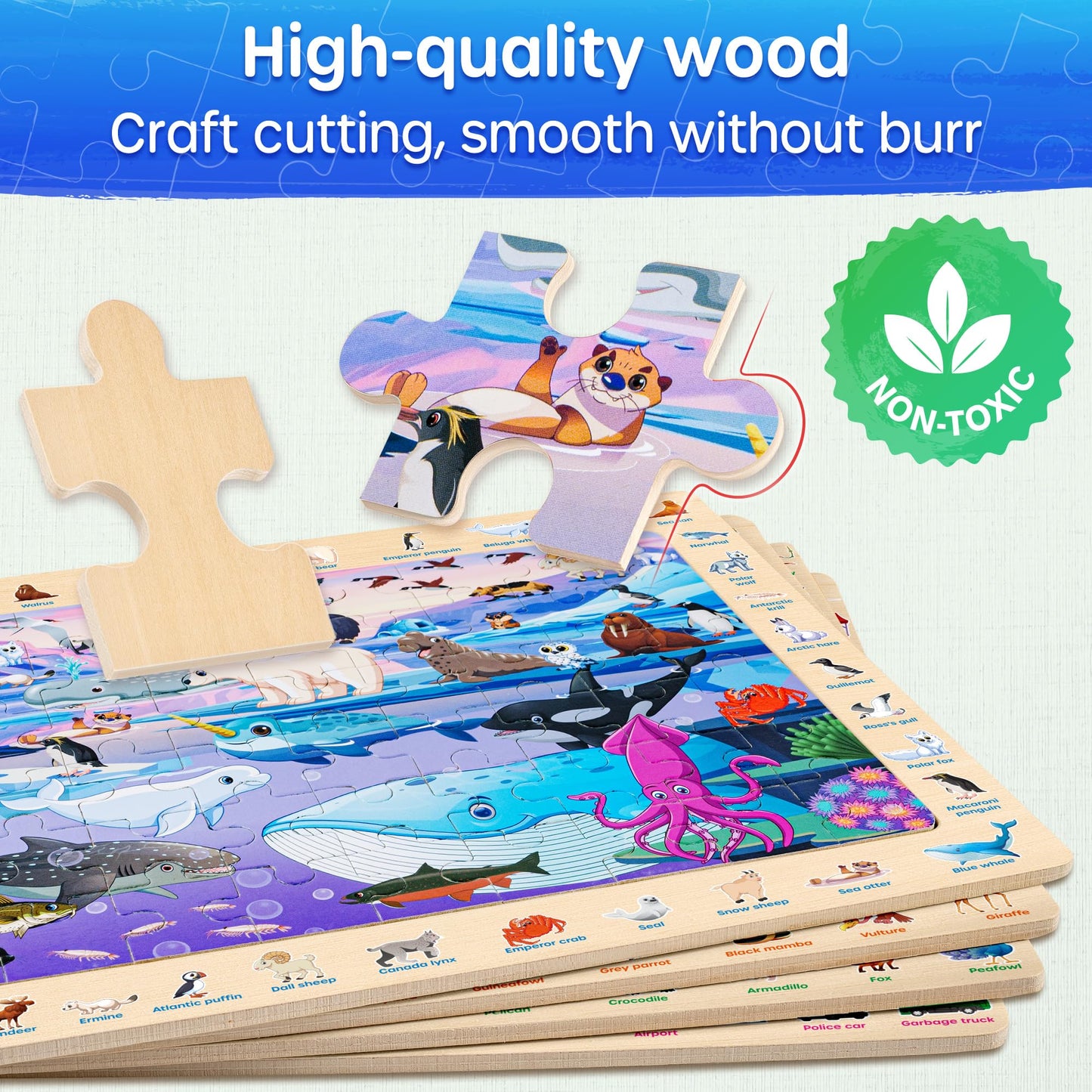 SYNARRY Wooden Puzzles for Kids Ages 4-6  4 x 60 Piece Match & Find Puzzles for Kids Ages 3-5 Boys Girls  Educational Toys Gifts for 4-8 yo for Learning Jungle Savannah Polar Animals & City Life