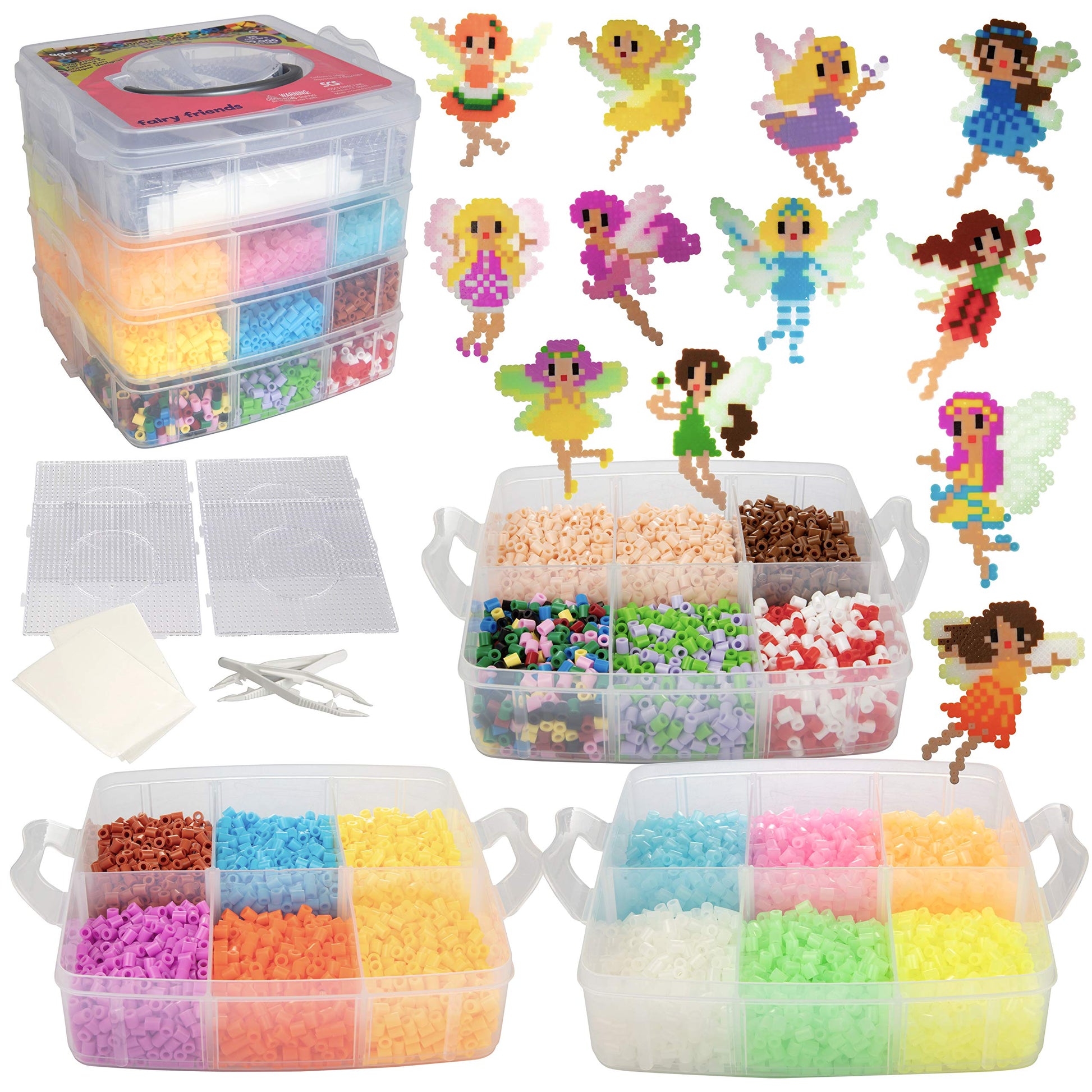 10,000pc Fuse Bead Fairy Kit w Carrier CASE-25 Colors, 12 Unique Templates, 4 Peg Boards, Tweezers, Ironing Paper- Bulk Art Craf
