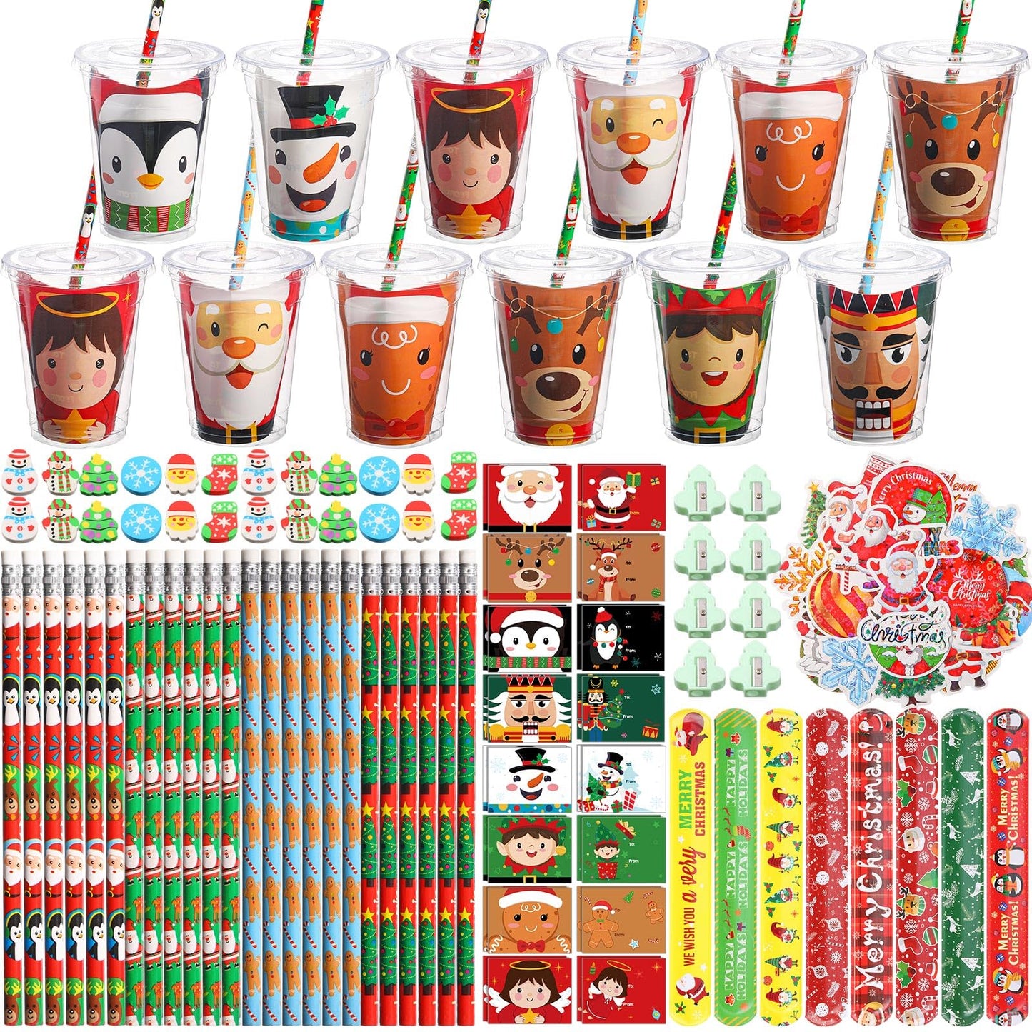 Tioncy 192 Pcs Christmas Party Favors Christmas Stationery Set Christmas Theme Toys Gift Bulk with Cups Xmas Goody Bag Filler fo
