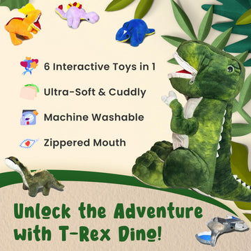 Dreamsbe Dinosaur Stuffed Animal T-Rex And 5 Little Dinos For Boys & Girls - Plush Stuffie With Zippered Pocket Eating Dinosaurs Gift Ages 3 4 6 7 8 9 Years