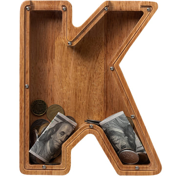 Ladenk 12 Inch Extra Large Wooden Kids Letter Piggy Bank - Piggy Bank For Boys Girls - Initial K Bank - Alphabet Money Bank For 