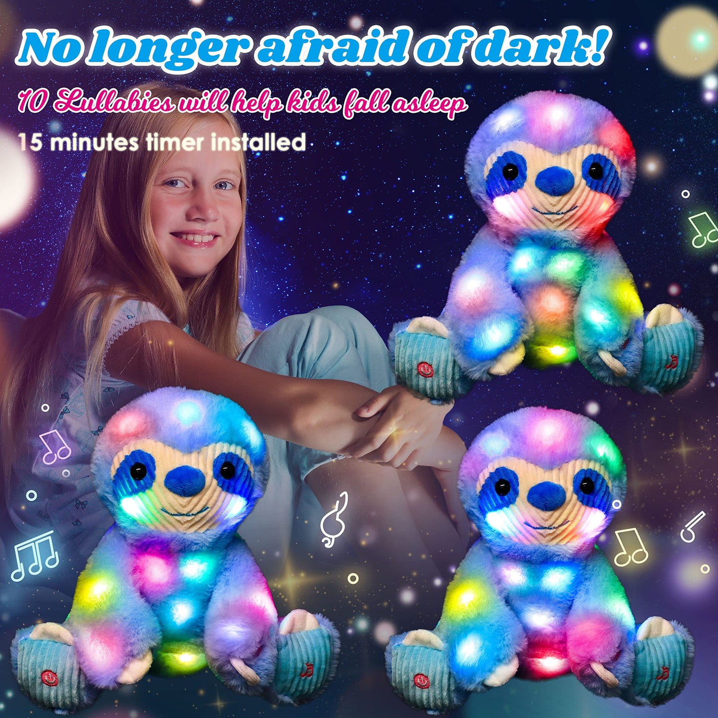 Cuteoy Blue Sloth Led Musical Stuffed Animal Light-Up Singing Plush Adjustable Volume Lullaby Plushies Birthday Christmas Toy Gifts For Kids Toddler Girls, 13'