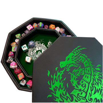 Fantasydice Green Fire Dragon - Dice Tray - 8'' Octagon with Lid and Dice Staging Area- Holds 5 Sets of Dice(7 / Standard) for A