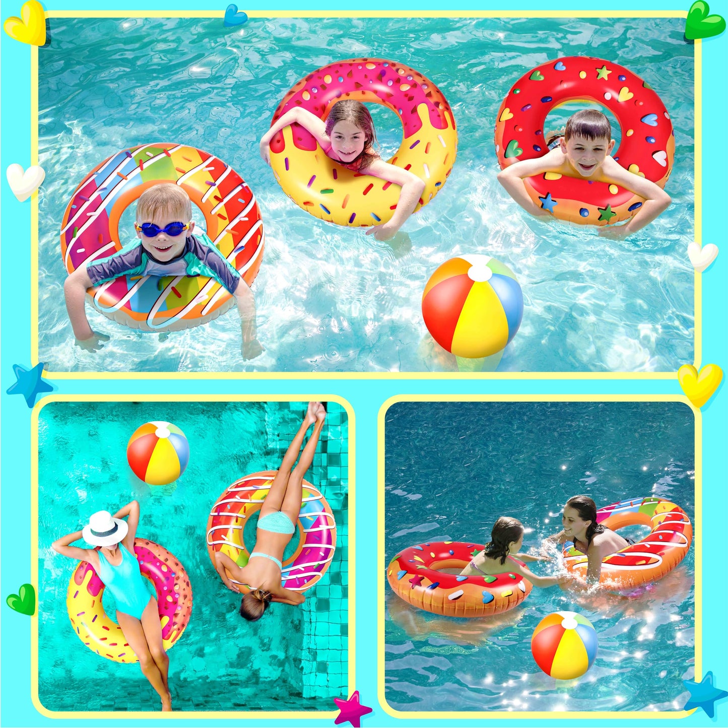90Shine 7Pcs Donut Pool Floats: Doughnut Swimming Rings With 13.5' Beach Balls - Inflatable Tubes Floaties Toys For Kids Adults