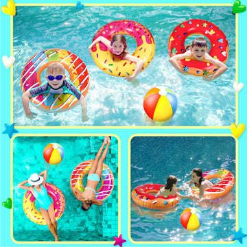 90Shine 7Pcs Donut Pool Floats: Doughnut Swimming Rings With 13.5' Beach Balls - Inflatable Tubes Floaties Toys For Kids Adults