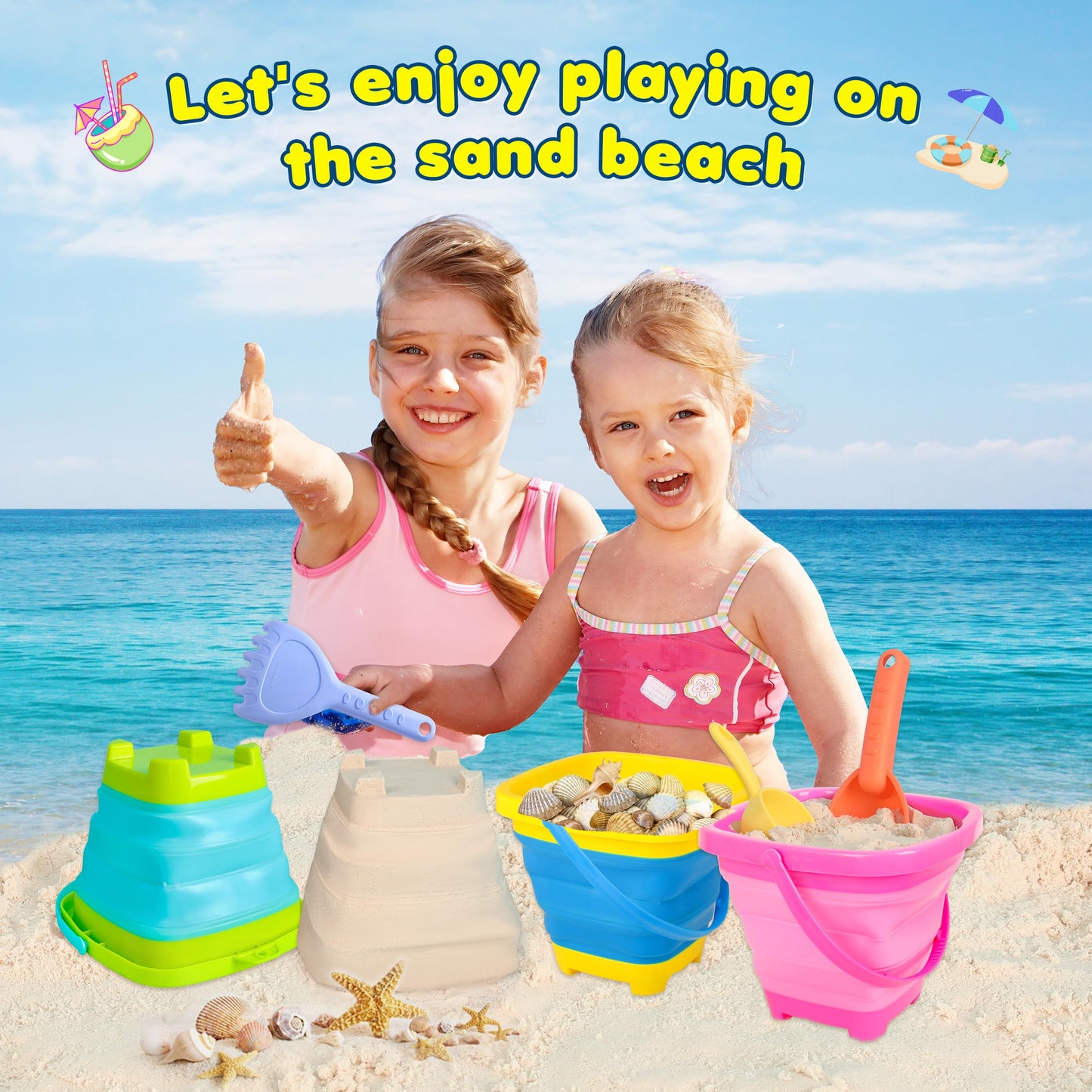 Xgunion Collapsible Beach Sand Bucket 3 Packs Foldable Sand Buckets Set with Shovels & Mesh Bag Collapsible Beach Toys for Kids