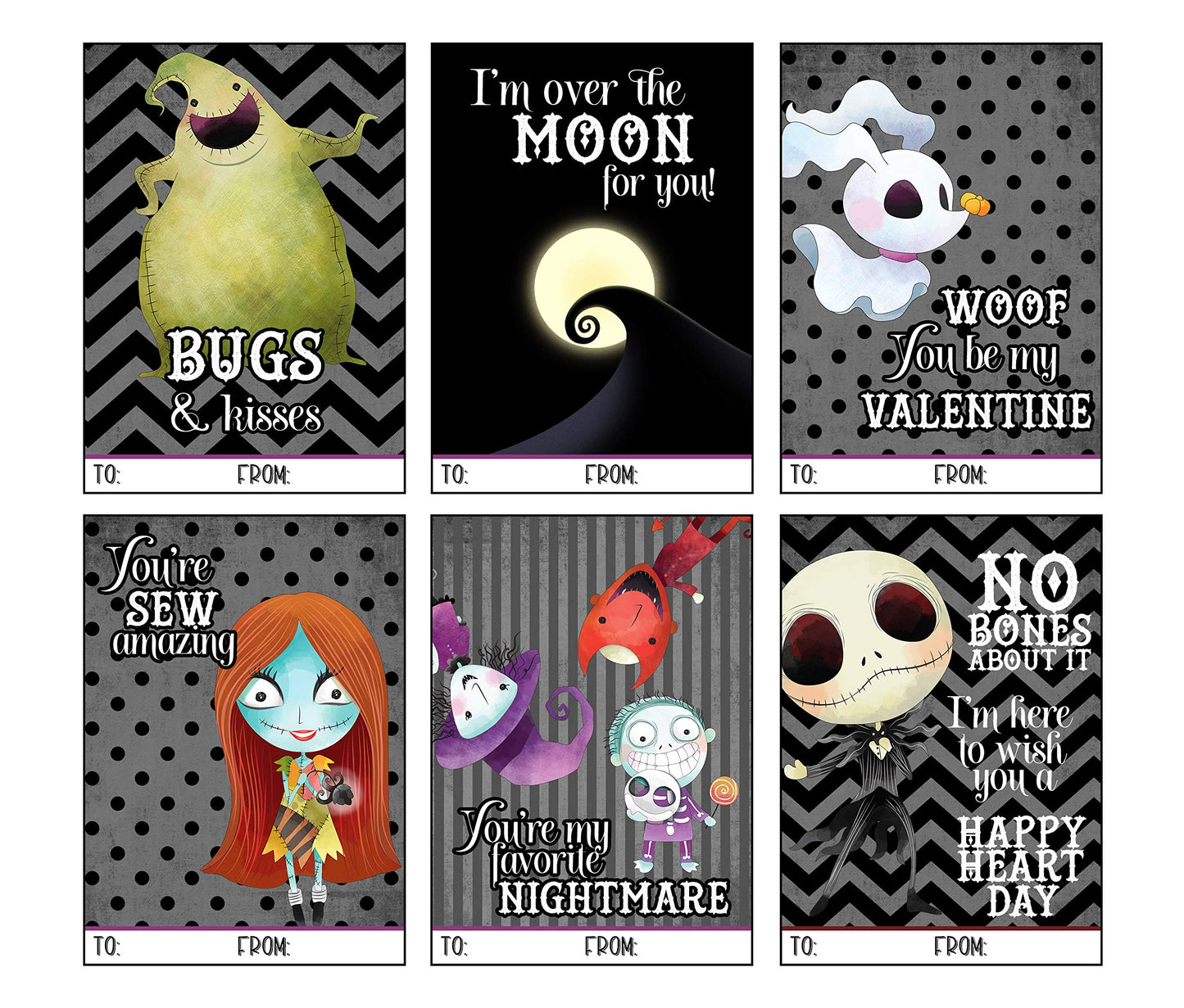 Silly Goose Gifts Nightmare Valentine's Day Classroom Exchange Cards, Set of 24, Satin Matte Cardstock, Black