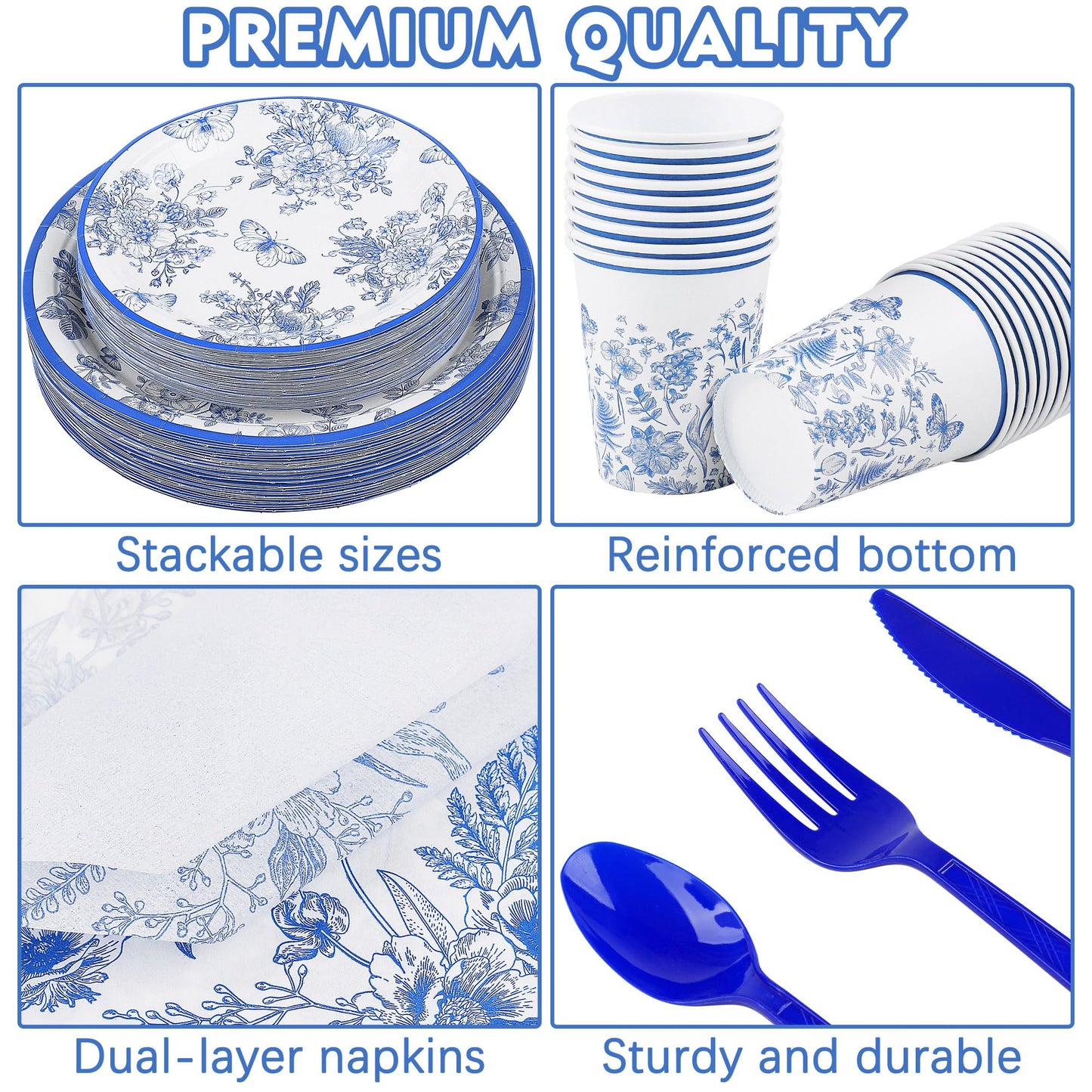 Durony 350 Pieces Blue & White Floral Party Supplies 7 Inch 9 Inch Disposable Elegant Flower Paper Plates Napkins Cups Tableware