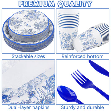 Durony 350 Pieces Blue & White Floral Party Supplies 7 Inch 9 Inch Disposable Elegant Flower Paper Plates Napkins Cups Tableware