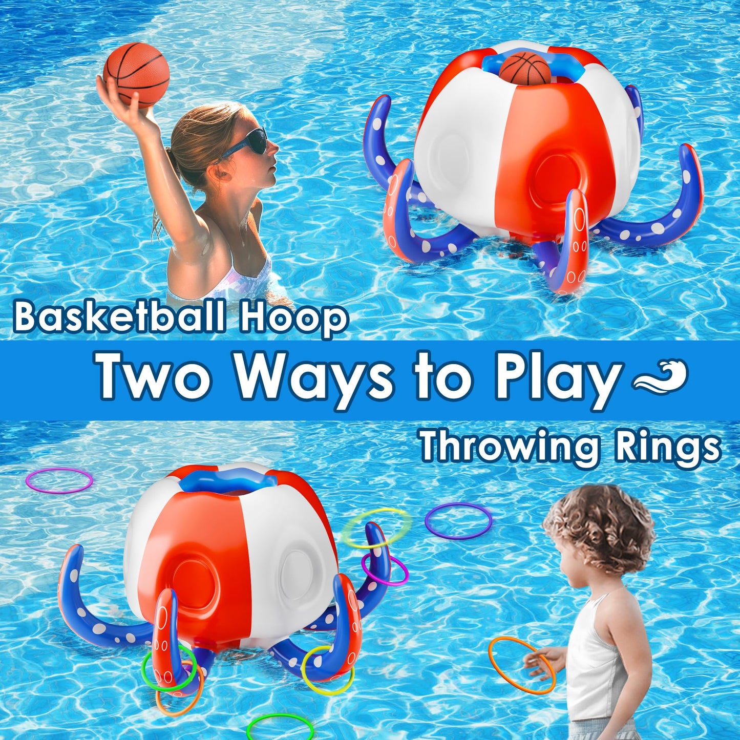 Iplay, Ilearn Pool Wave Kids Octopus Pool Toys, 2-In-1 Inflatable Float Water Game Basketball Hoop Ring Toss Outdoor Swim Cool Summer Family Party Gift 3 4 5 6 7 8 Yr Old Boy Girl Child-Blue Red White