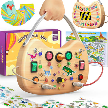 Montessori Busy Board For Baby, Busy Board For Toddlers Toys, Wooden Autism Sensory Toys With Animal Cards, Dinosaur Stickers, T