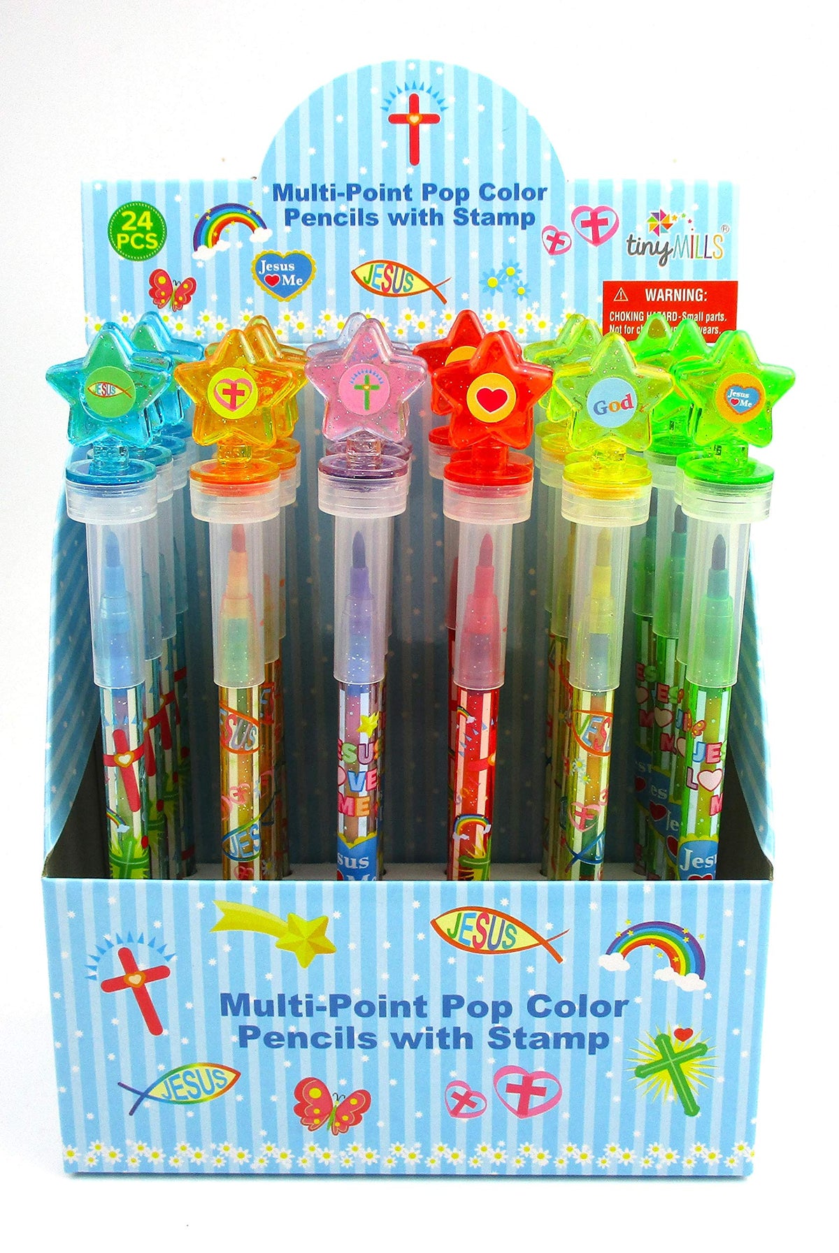 TINYMILLS 24 Pcs Religious Christian 2 in 1 Stackable Stacking Crayon with Extra Stamper Topper, Sunday School Classroom Rewards