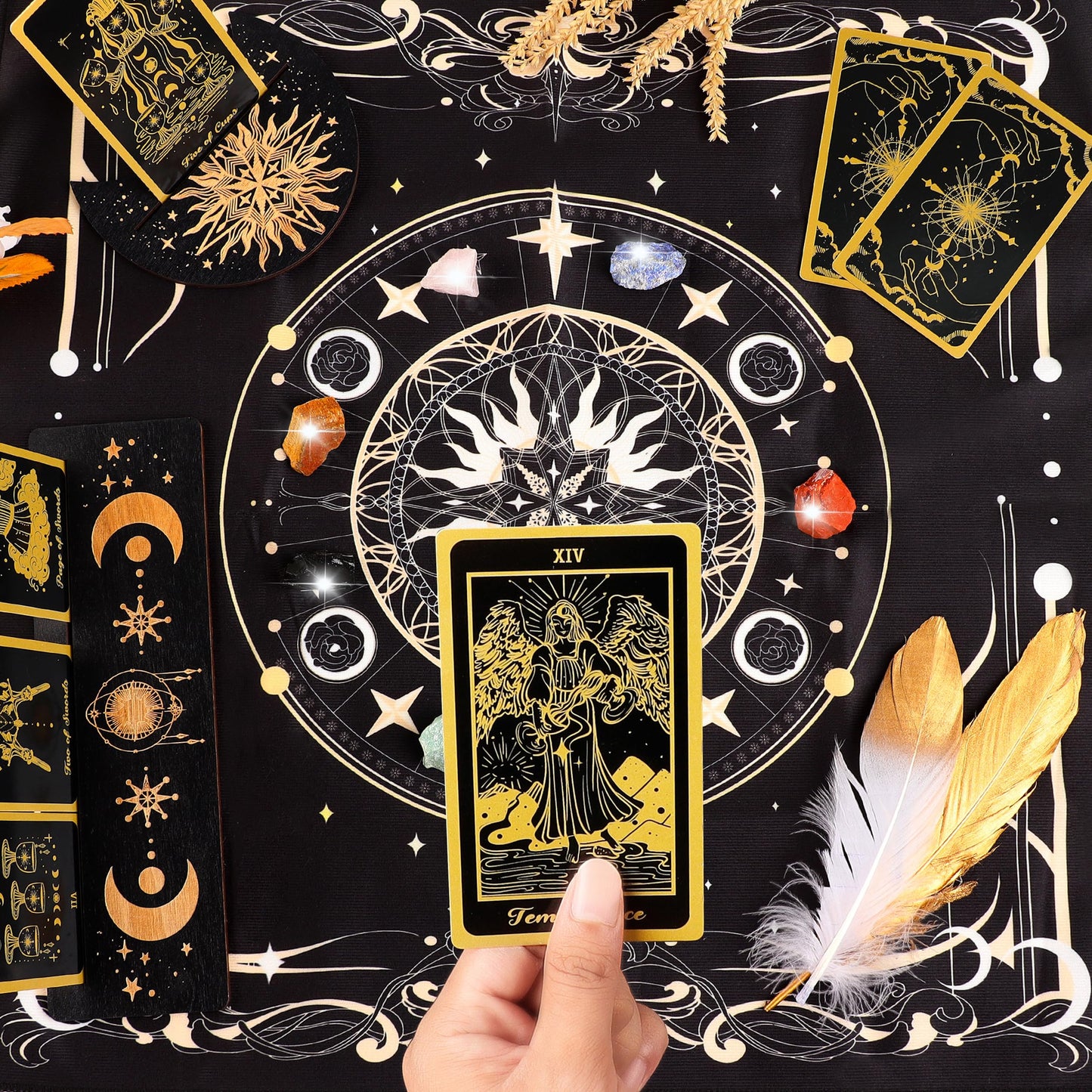 78 Tarot Cards With Guidebook - Tarot Deck Gift Set With Tarot Cloth & Holder, Chakra Stones & More, Black Tarot Cards Deck Fort