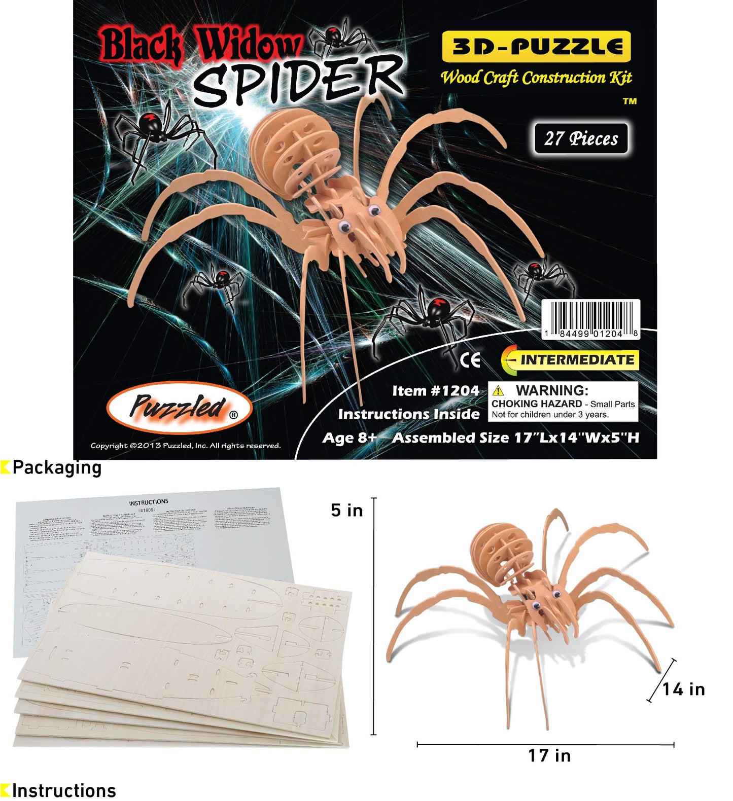 Puzzled 3D Puzzle Black Widow Spider Wood Craft Construction Model Kit, Fun & Educational Diy Wooden Toy Assemble Model Unfinished Crafting Hobby Puzzle To Build & Paint For Decoration 27 Pieces Pack