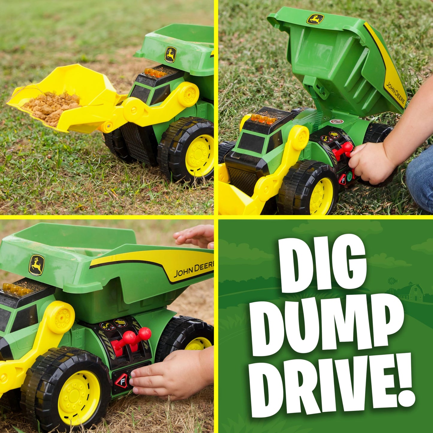 John Deere 18 2-N-1 Dig Rig Toy Dump Truck and Front Loader with Lights, Sound and Motor with Dual Joystick Controllers, Extra L
