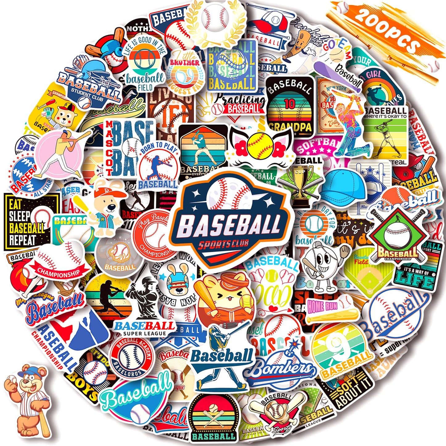 Wakemoodei Baseball Stickers 200 Pcs Baseball Sports Stickers For Water Bottles, Baseball Helmet Stickers Vinyl Waterproof Baseb