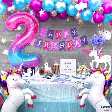 Katchon, Giant Rainbow 2 Balloon Number - 40 Inch | Pink Number 2 Balloon, 2Nd Birthday Decorations For Girl | 2 Galaxy Balloon, Two Year Old Birthday Decorations Unicorn | Galaxy Party Decorations