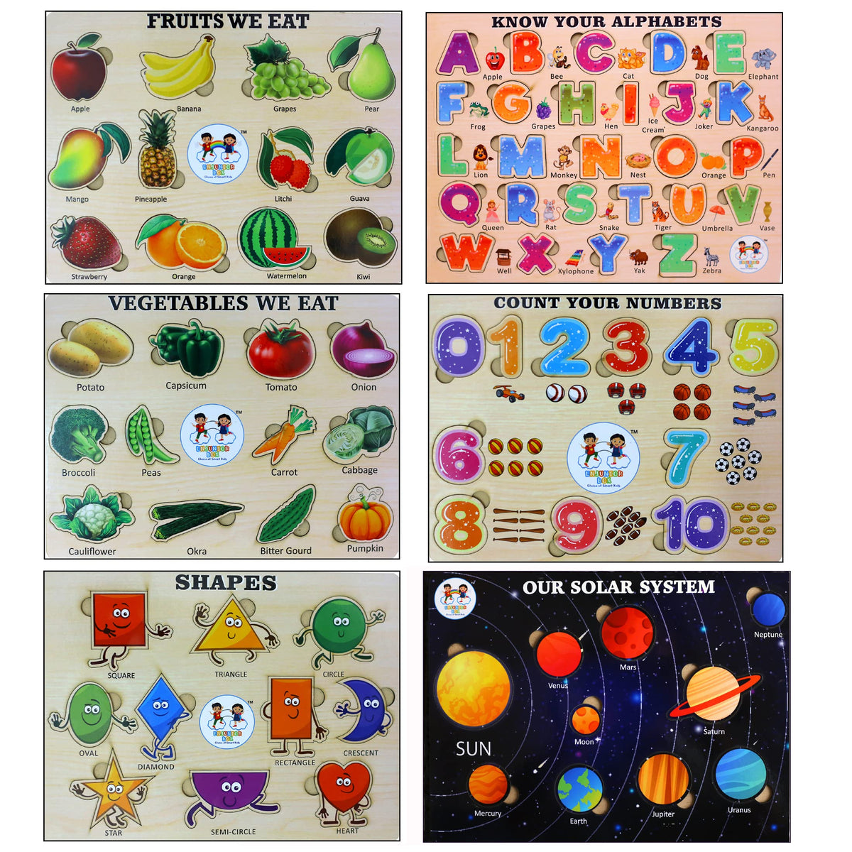 ENJUNIOR BOX  Wooden Puzzle Without Knobs Educational and Learning Toy for Kids (Set of 6 Puzzles)