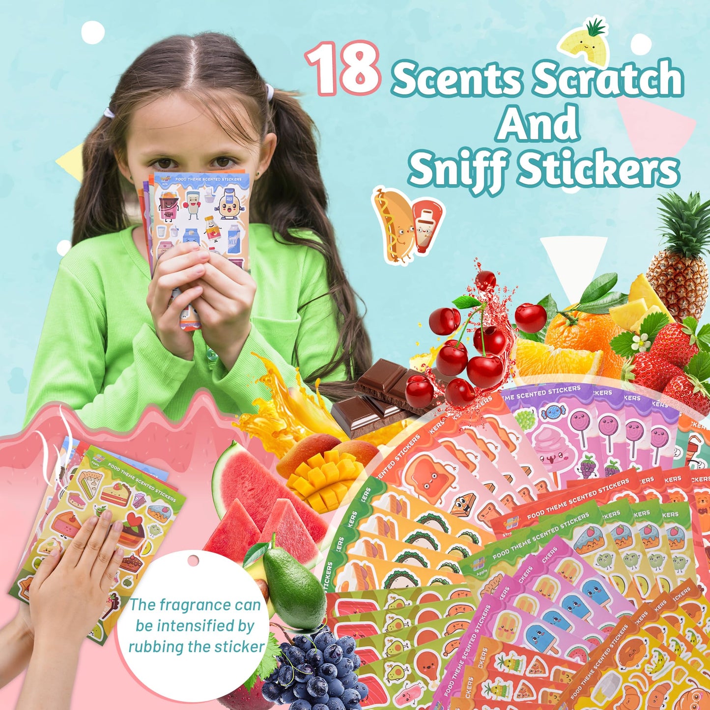 Tageenla Scratch and Sniff Stickers, 72 Sheets, 1500+ Scented Food Themes, Colorful Paper Stickers for Classroom Rewards