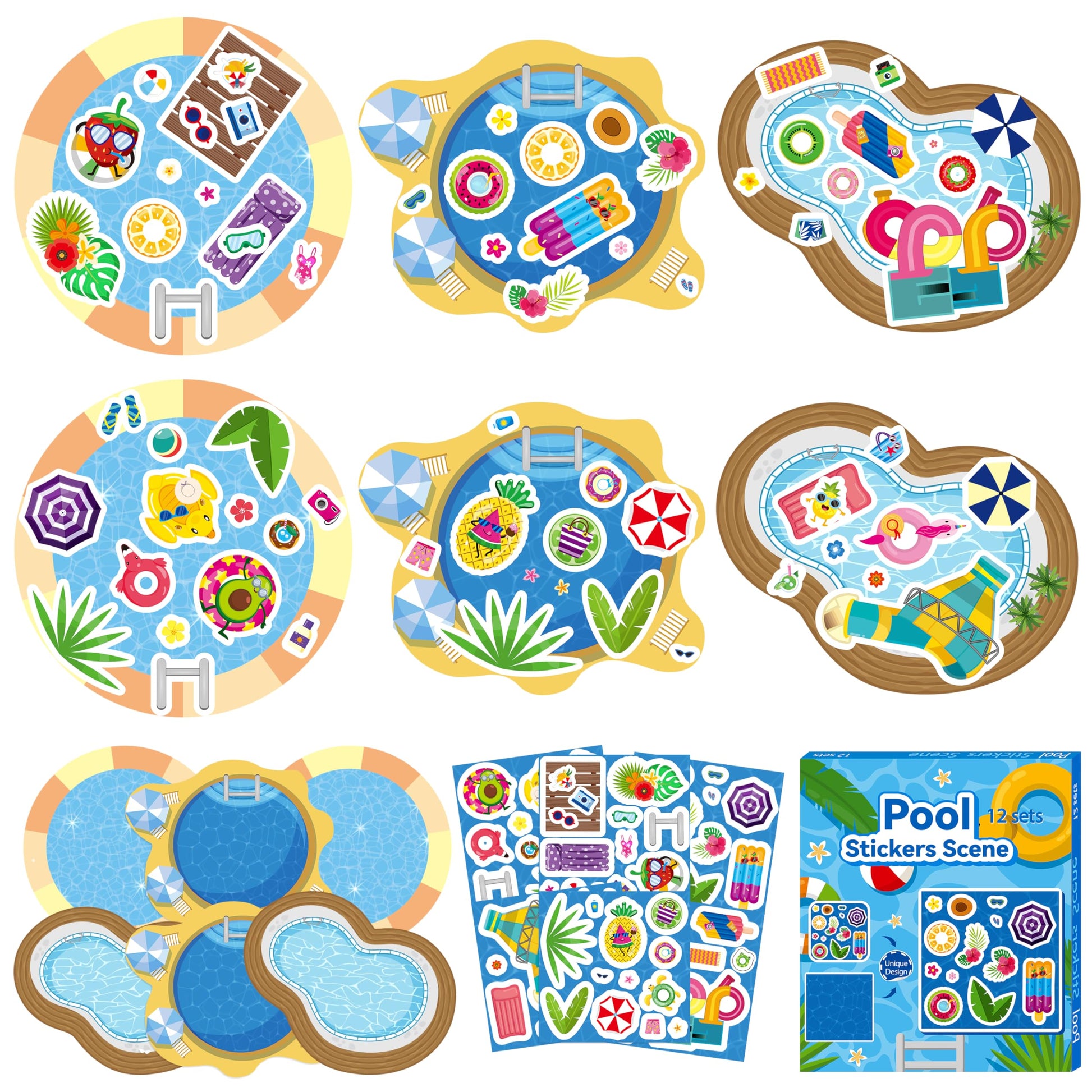 Cy2Side Summer Pool Sticker Scene - 12 Set Make A Pool Scene Art Craft With Swimming Ring For Kids Make Your Own Swimming Sticker Art Craft Diy Summer Party Games Classroom Fun Activities