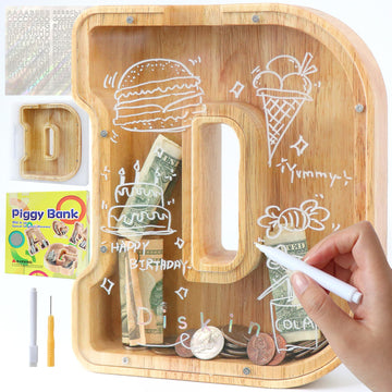 weallbuy Large Letter Piggy Bank for Kids Boys Girls Wooden Personalized Piggy Banks A-Z with Target Area Clear Alphabet Banknote Coin Banks for Gift Decoration Baptism (D)