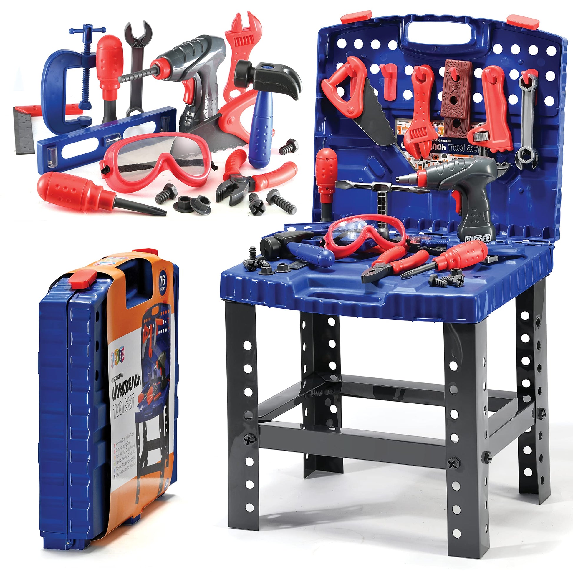 Play22 Kids Tool Set Bench 76 Pc - Toddler Tool Bench Set with Electronic Play Drill - Stem Educational Toy Pretend Play Constru