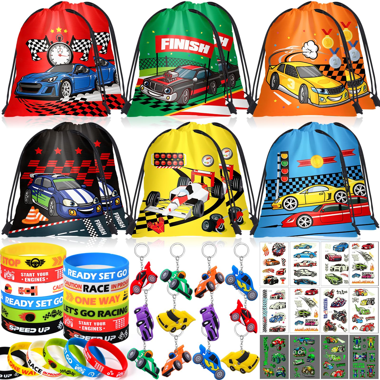 Winrayk 12 Sets Race Car Party Favors Birthday Supplies Racing Drawstring Bags Luminous Tattoo Stickers Boys Kids Racing Gifts T