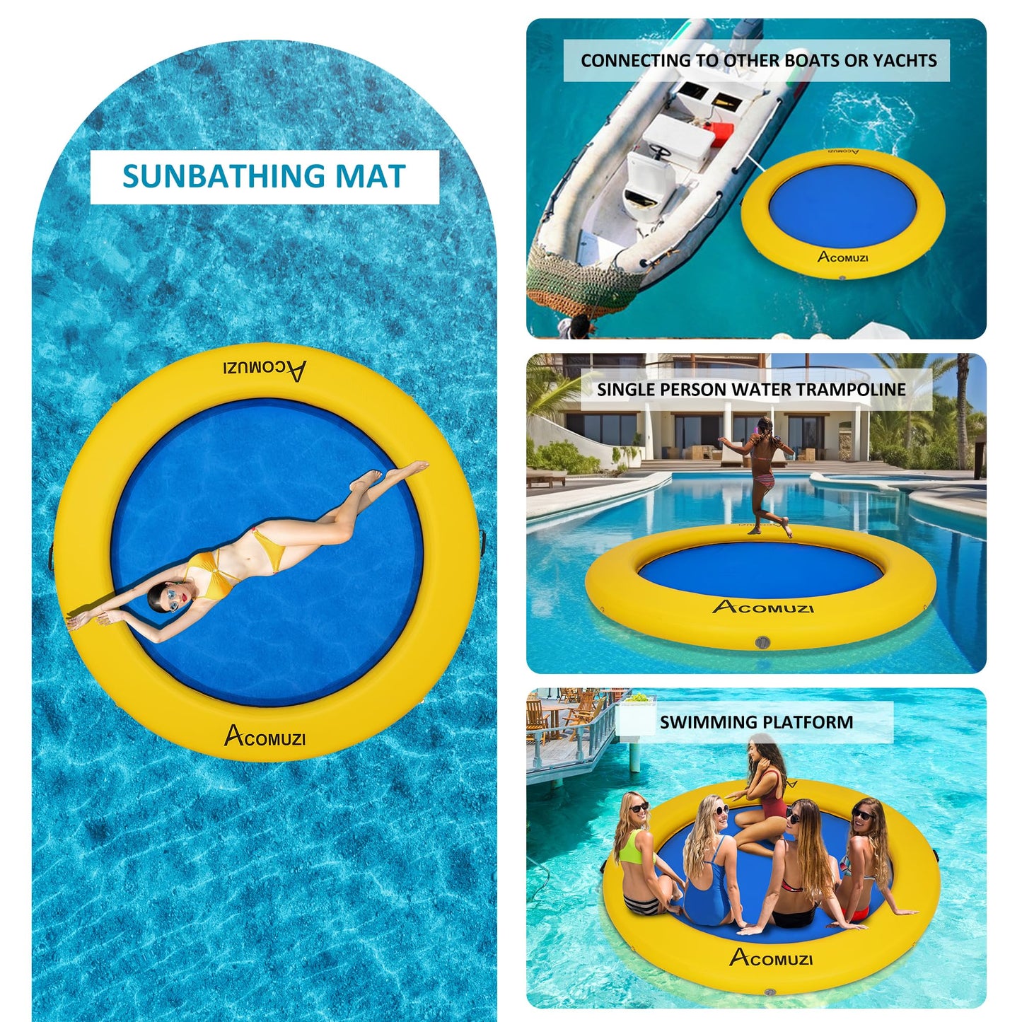 ACOMUZI 8FT Inflatable Water Hammock Float, Heavy Duty Pool Raft, Yellow Blue