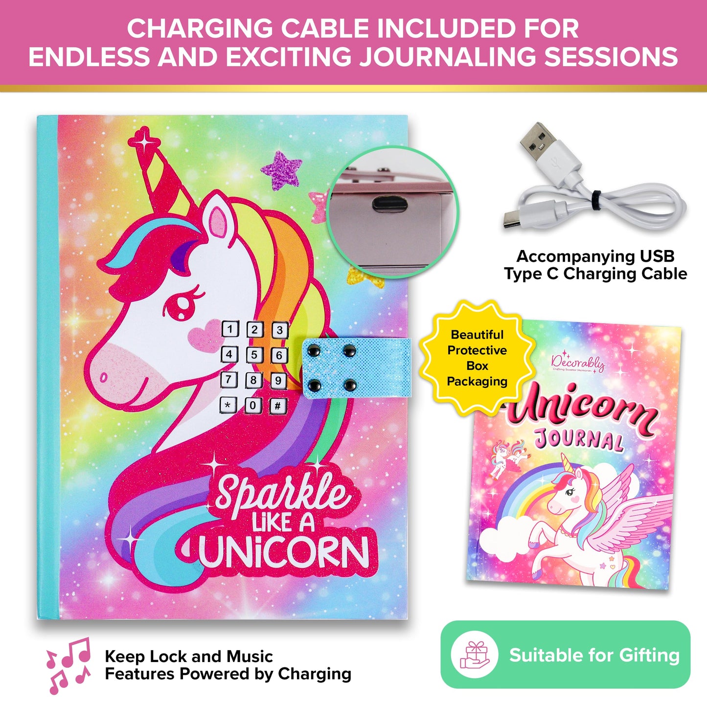 Decorably Glittery A5 Unicorn Journal for Girls Ages 4-8 with Lock Code and Music, 80 Sheets Locking Diary for Girls Ages 8-12 w