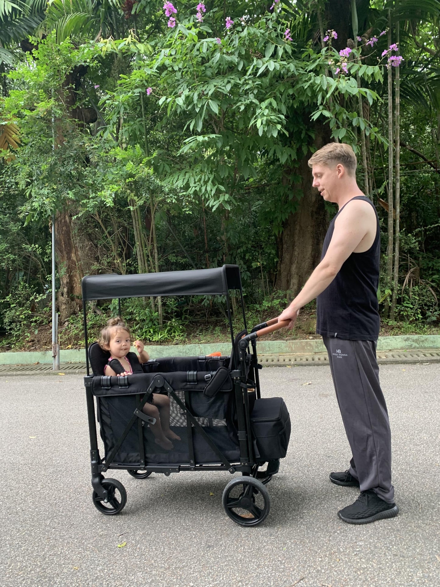 Stroller Wagon with Adjustable Handle Includes Canopy & Organizer, Foldable and Convenient for Storage (Black)