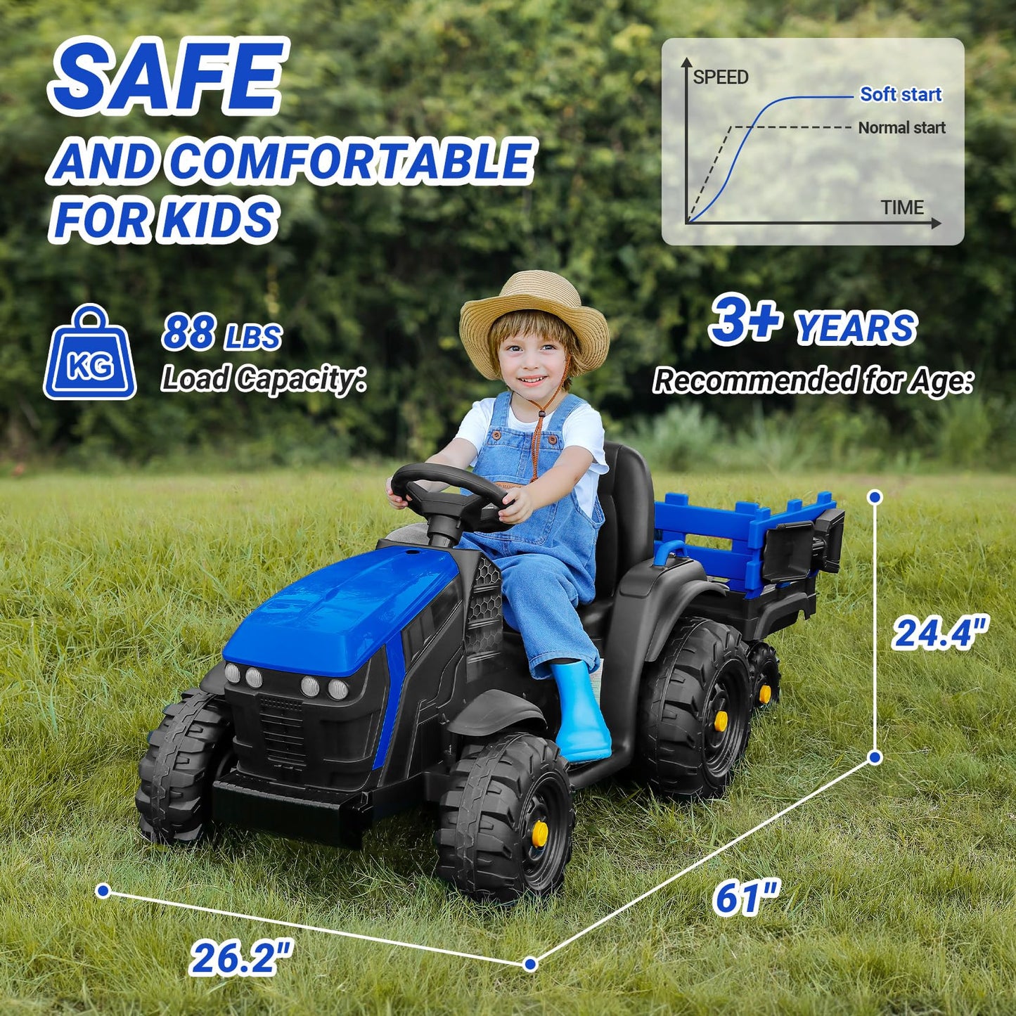 Elemara 24V 9Ah Ride On Tractor With Easy Detachable Trailer, 24V Ride On Toys For Big Kids, 400W Electric Vehicles Ride On Tractor Car With Shovel, All-Terrain Capability, For Ages 3+, Music, Blue